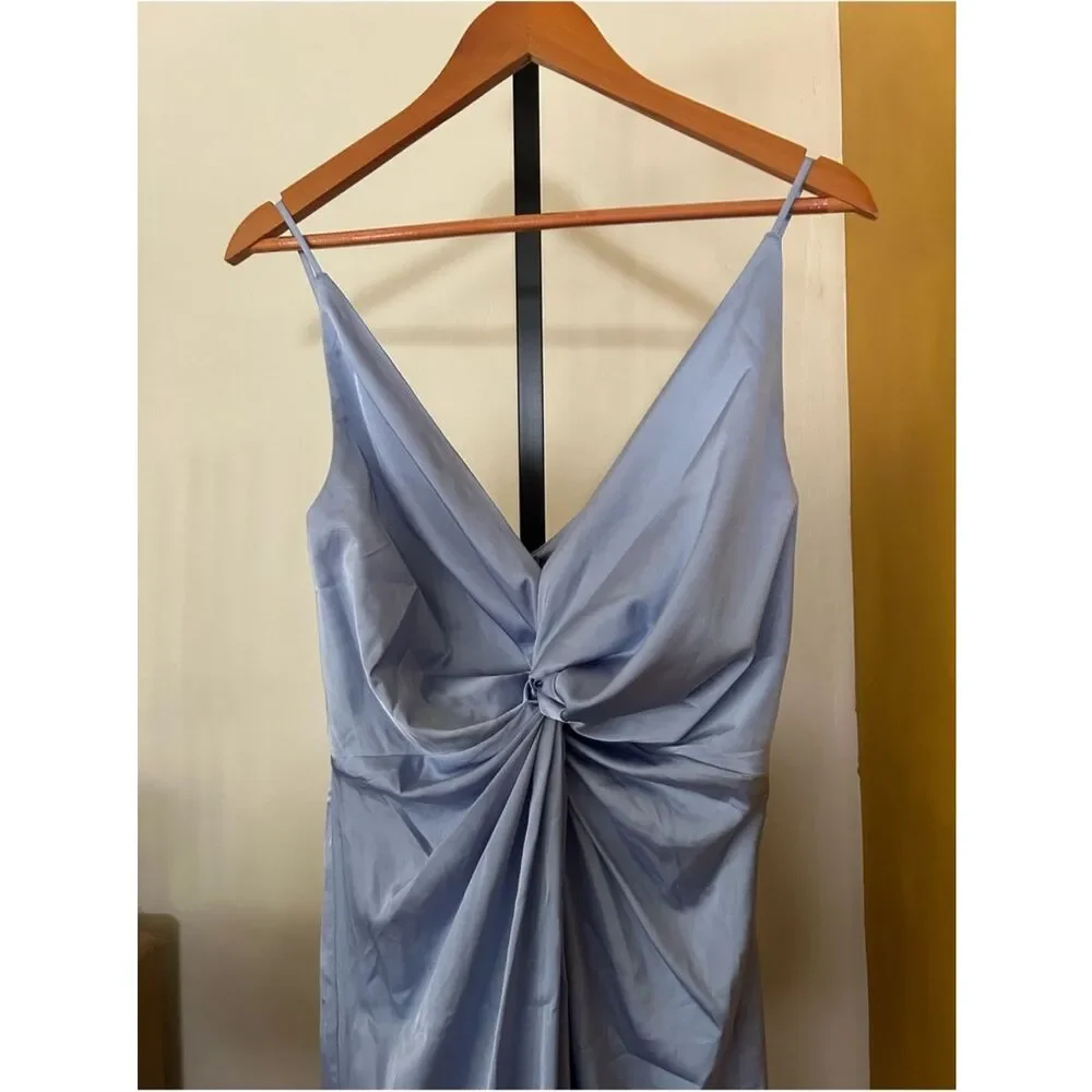 Abercrombie & Fitch Light Blue Satin Twist-Front Slit Maxi Dress